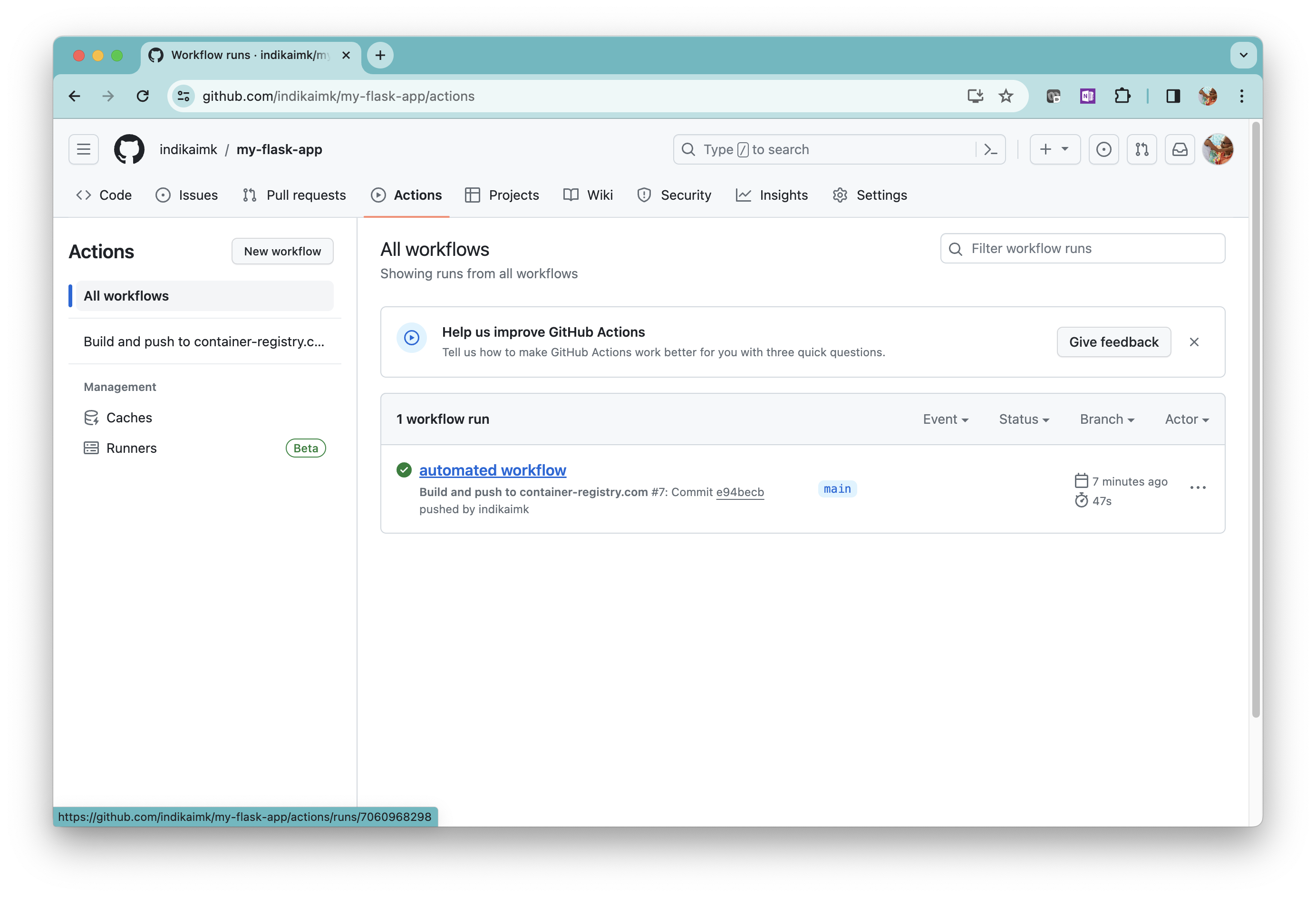 GitHub repo page. The workflow is completed.