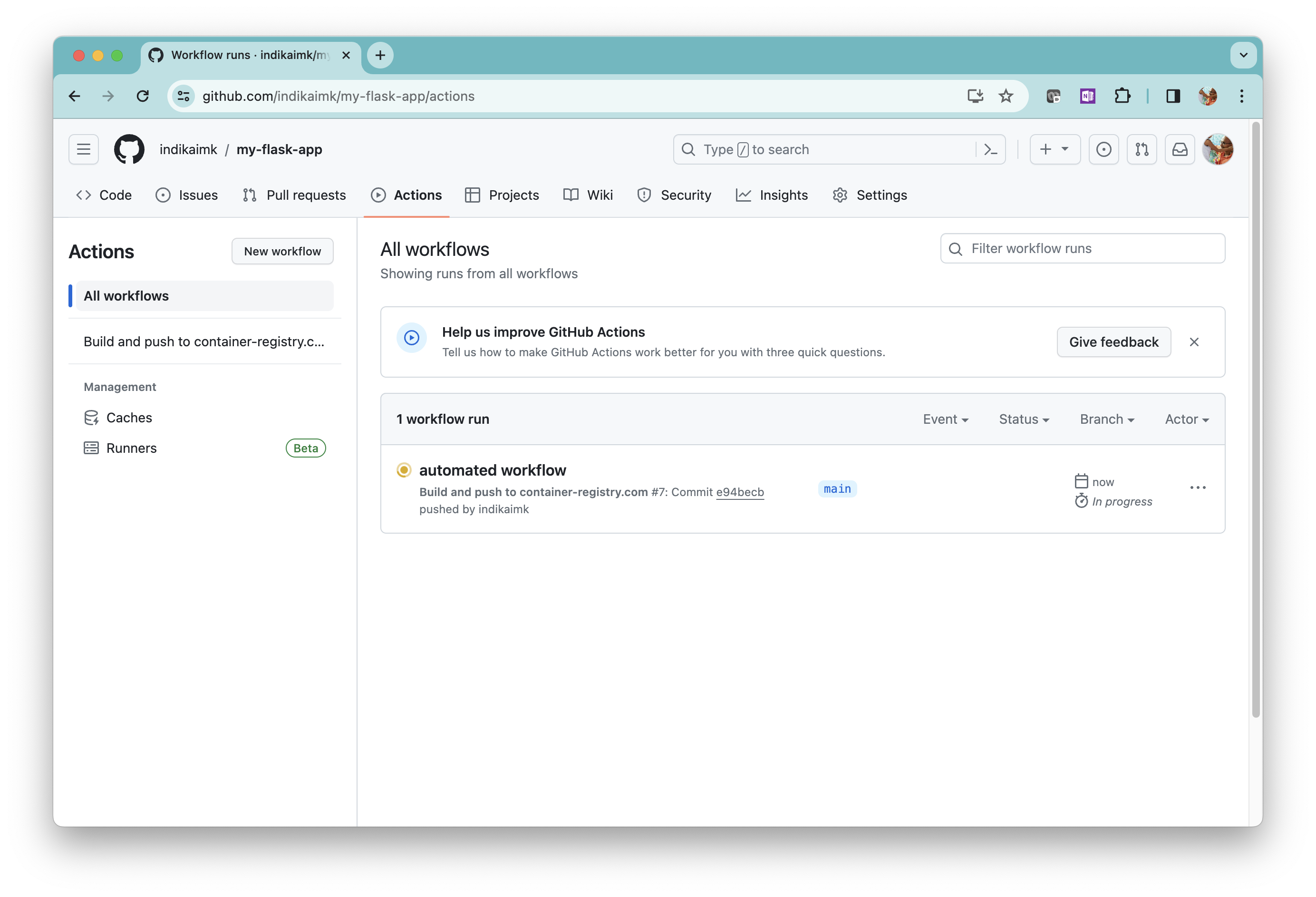 GitHub repo page. The workflow is still running.