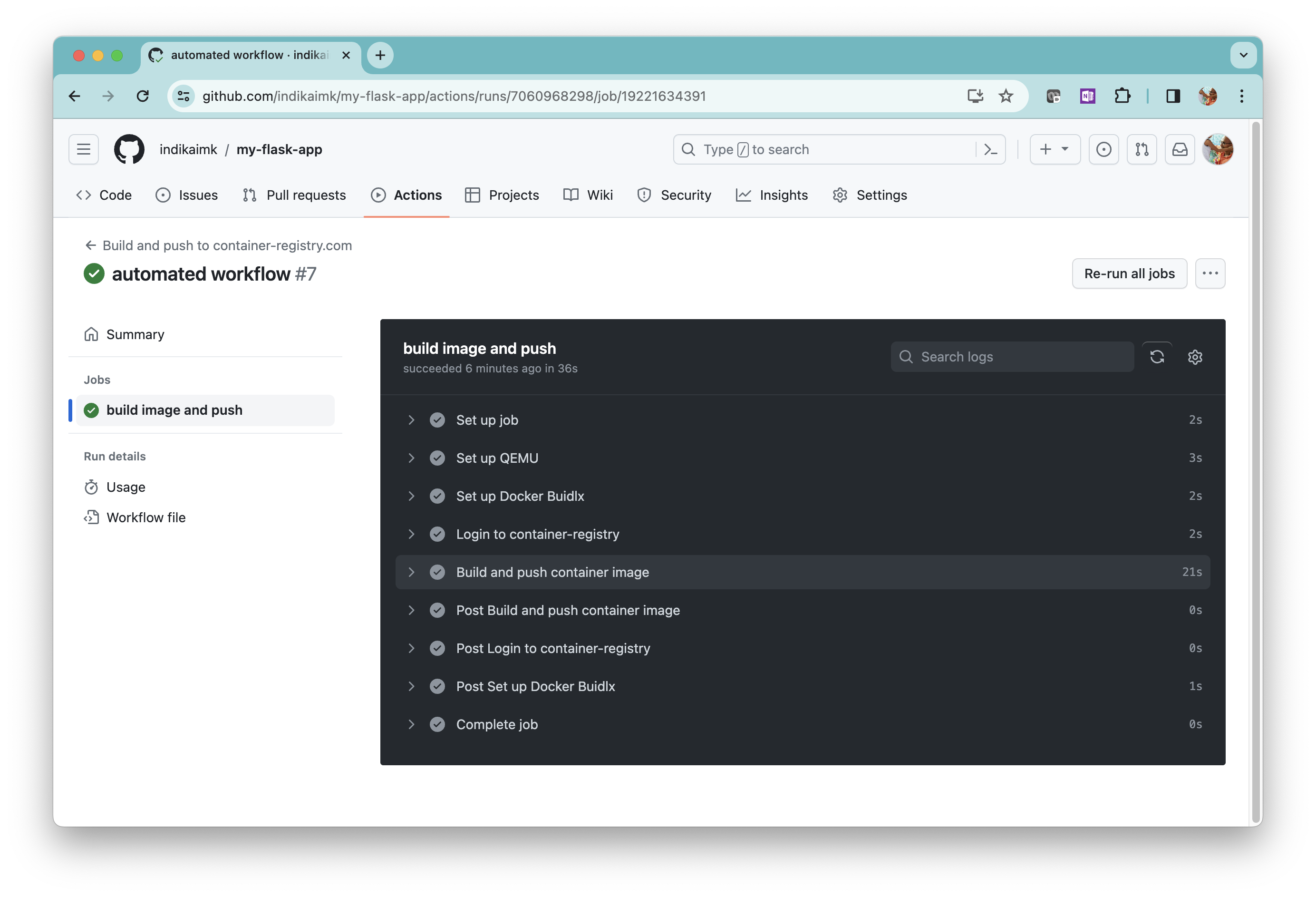 GitHub repo page. The workflow logs.