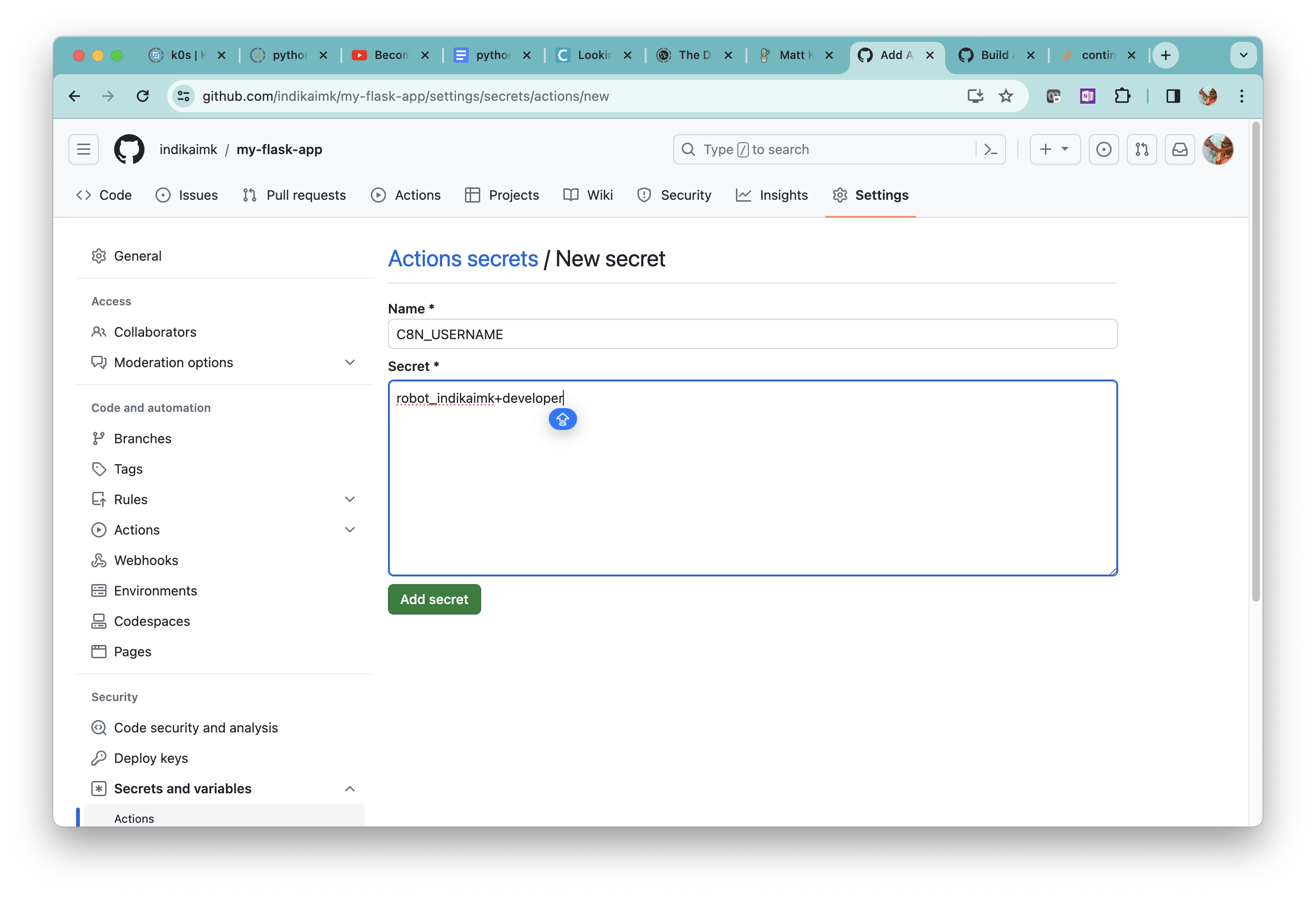GitHub repository Settings add new Secret.