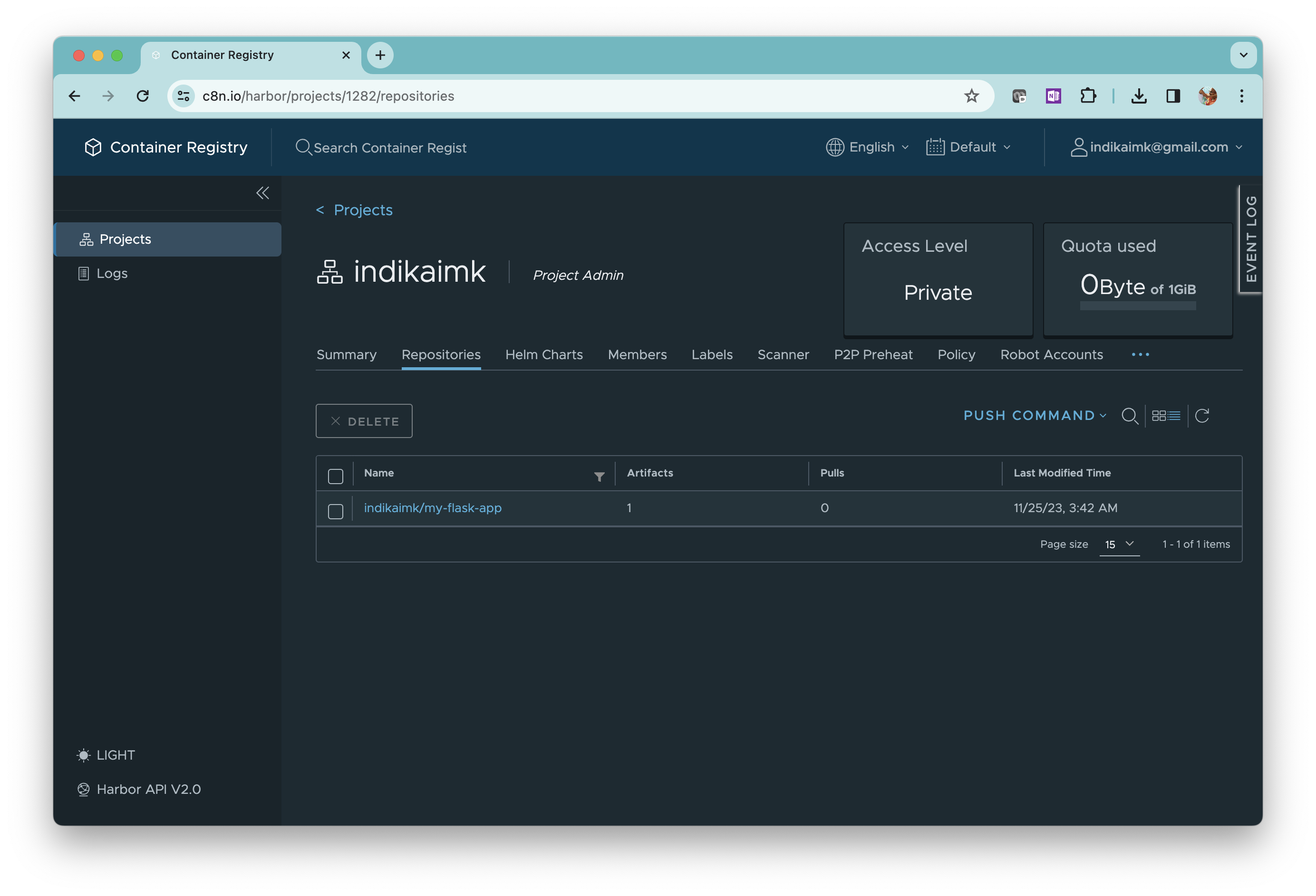 8gears Container Registry portal after pushing one image.